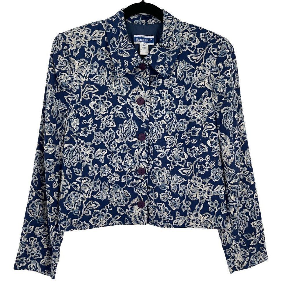 Vintage Pendleton Floral Blazer Jacket Lightweight Navy Cropped Soft Women 10